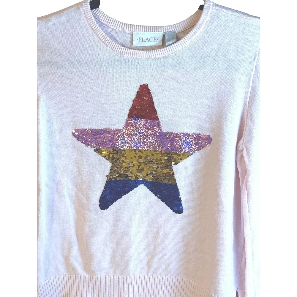The Childrens Place Girls Pink Rainbow Sequin Star Stripe Sweater Size 14 XL